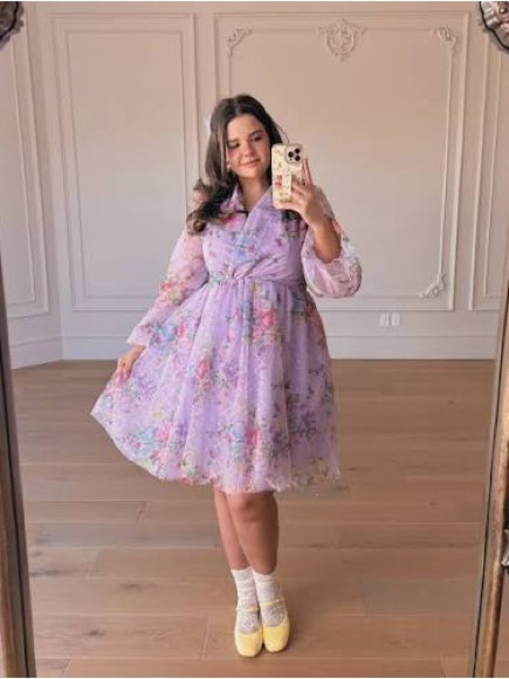 Jessakae Lavender Floral Tulle Dress with Sheer Puff Sleeves